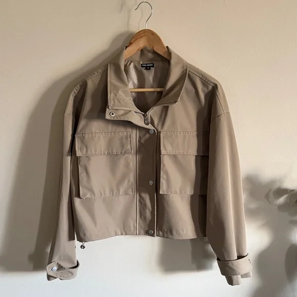 Cropped Khaki Utility Jacket - Women - Picture 1 of 6